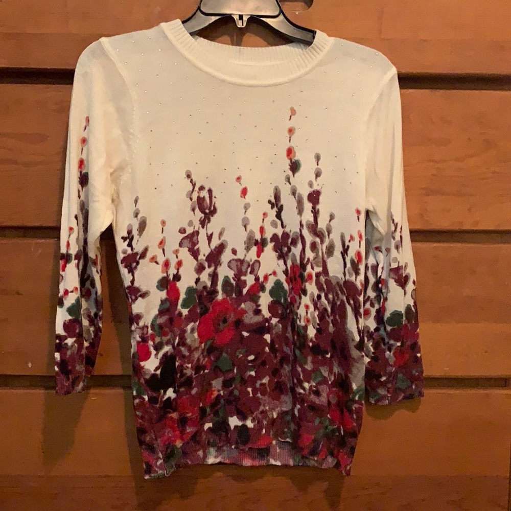 Cathy Daniels cream and red floral sweater embellished with tiny rhinestones.